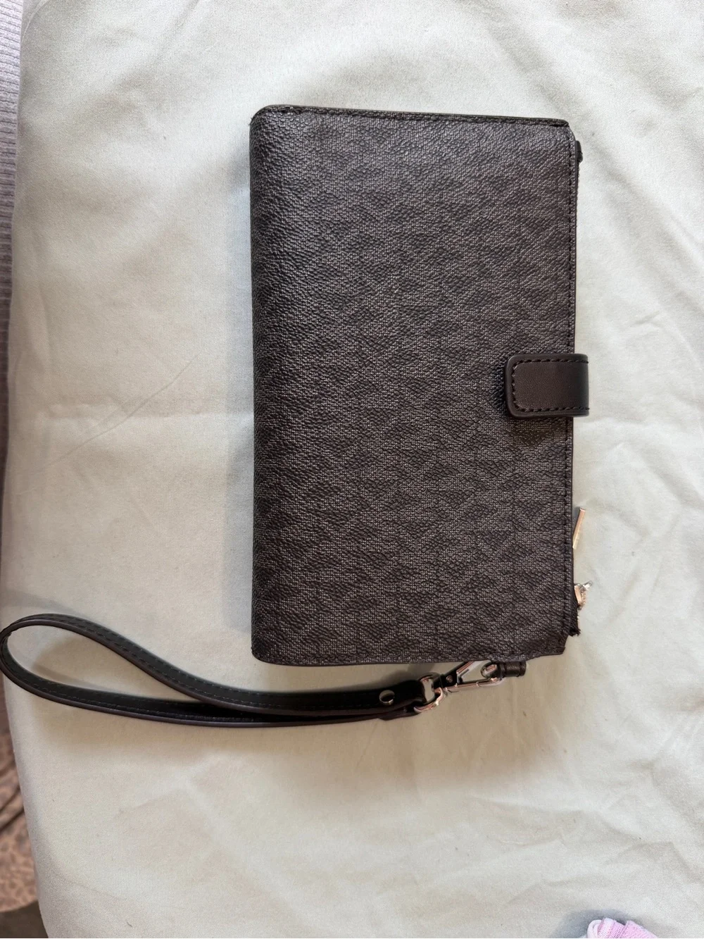 Michael Kors Black Textured Zip Wristlet Wallet with Gold Logo